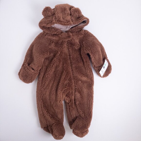 NEW Carter's Bear Sherpa Fleece Footed Pram Jump Suit Brown Baby Sz 3m - Picture 1 of 8